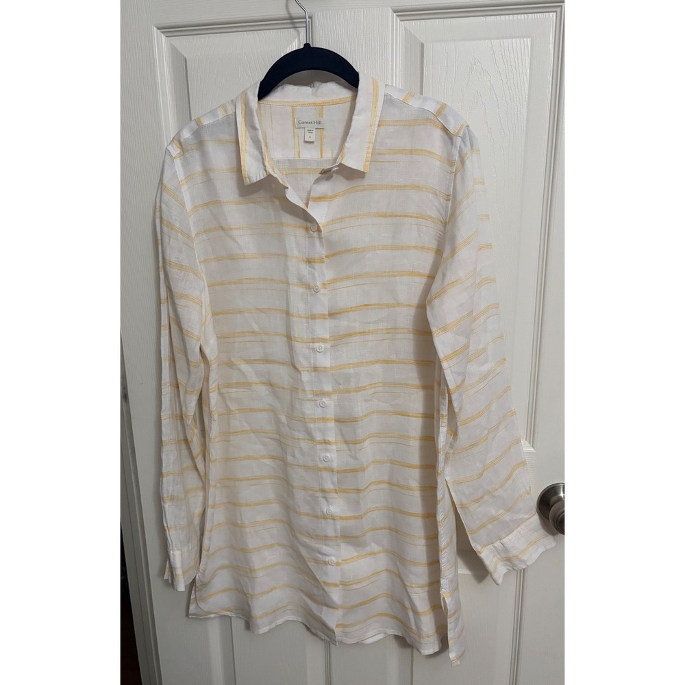 Garnet Hill | White Yellow Striped Button Down Tunic Linen Sz S